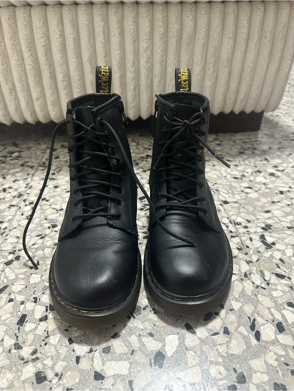 Dr. Martens Black Leather 8-Eye Lace-Up Boots with Yellow Stitching